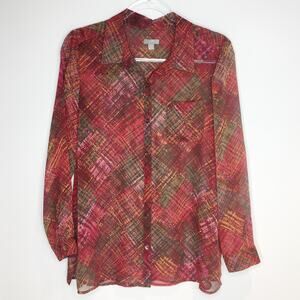 J. Jill Womens SIze Medium Button Up Blouse Shirt Top Red Patterned Sheer Career